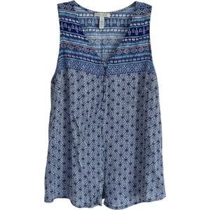 Anne Carson Womens Blue White Geometric Tribal Print Sleeveless Rayon Top Large